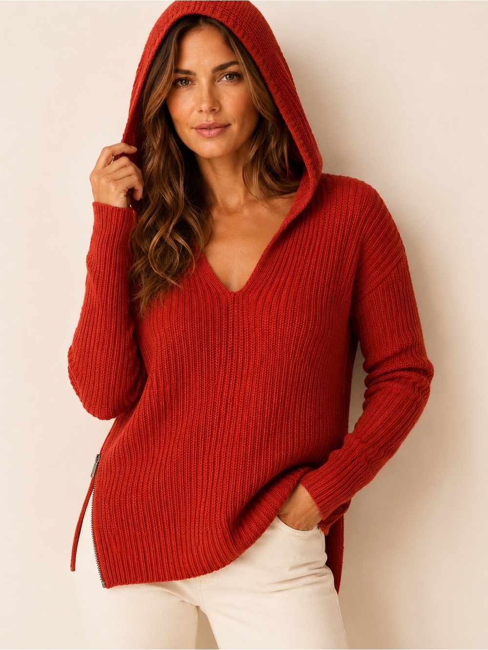 Rachel Zoe 100% Cotton Hooded Chunky Knit Sweater Side Zip Rust Orange M